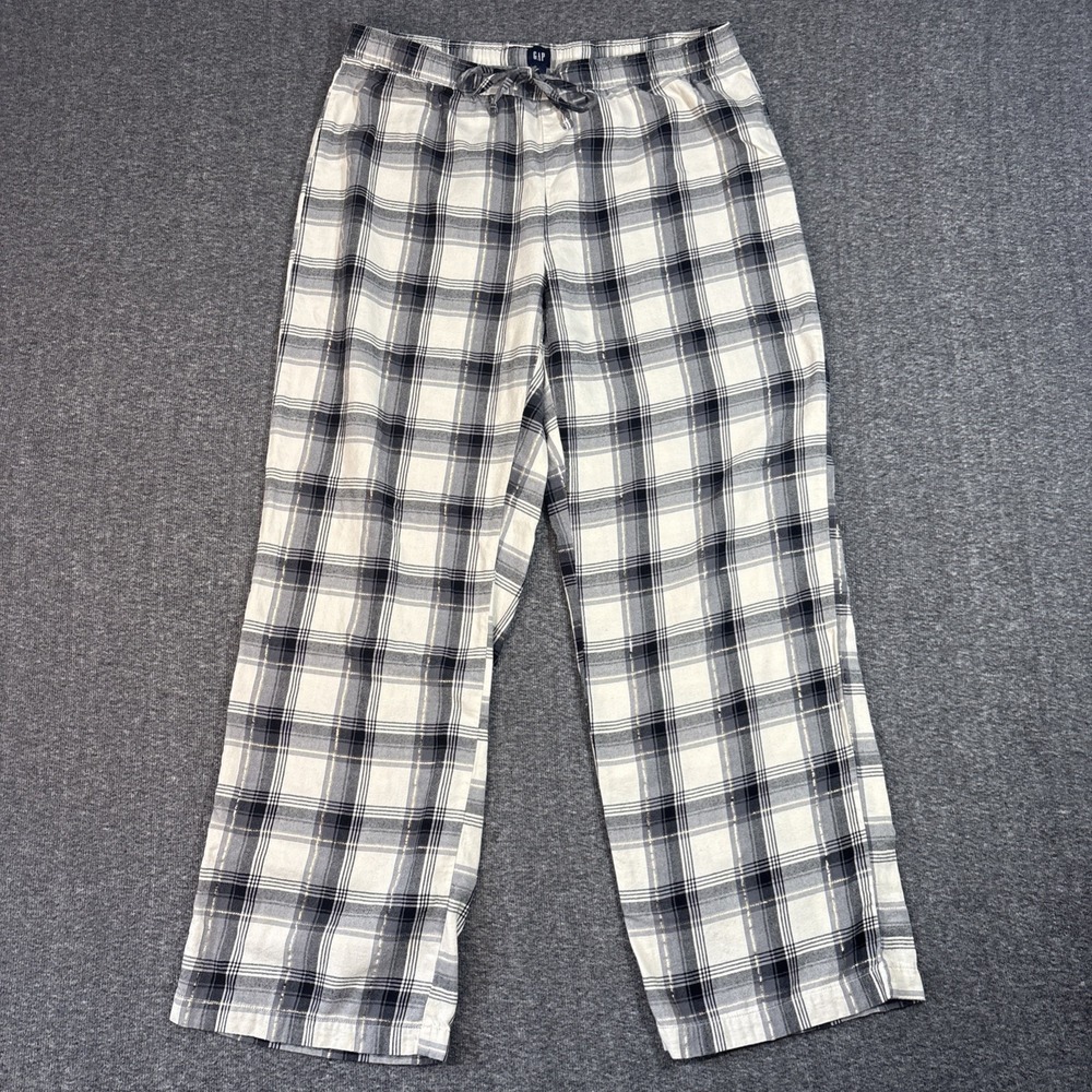 Gap Women's Pajama Pants Medium Gray/Ivory Plaid Drawstring Elastic Sleep Lounge